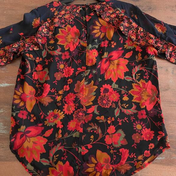 LOFT Women's Ruffle Black Orange Floral Gypsy Bohemian Y2K Style Top Size Small - Picture 8 of 10